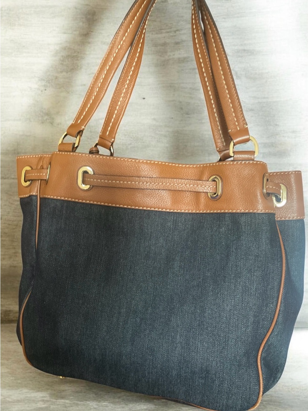 Michael Kors Tan Leather & Dark Denim Tote with Gold Hardware large bag - Picture 5 of 11